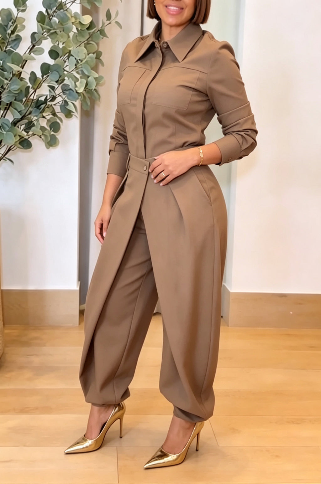 Women's Fashion Commuter Shirt Overlap Elastic Cuff Pants Two-Piece Set