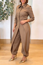 Women's Fashion Commuter Shirt Overlap Elastic Cuff Pants Two-Piece Set