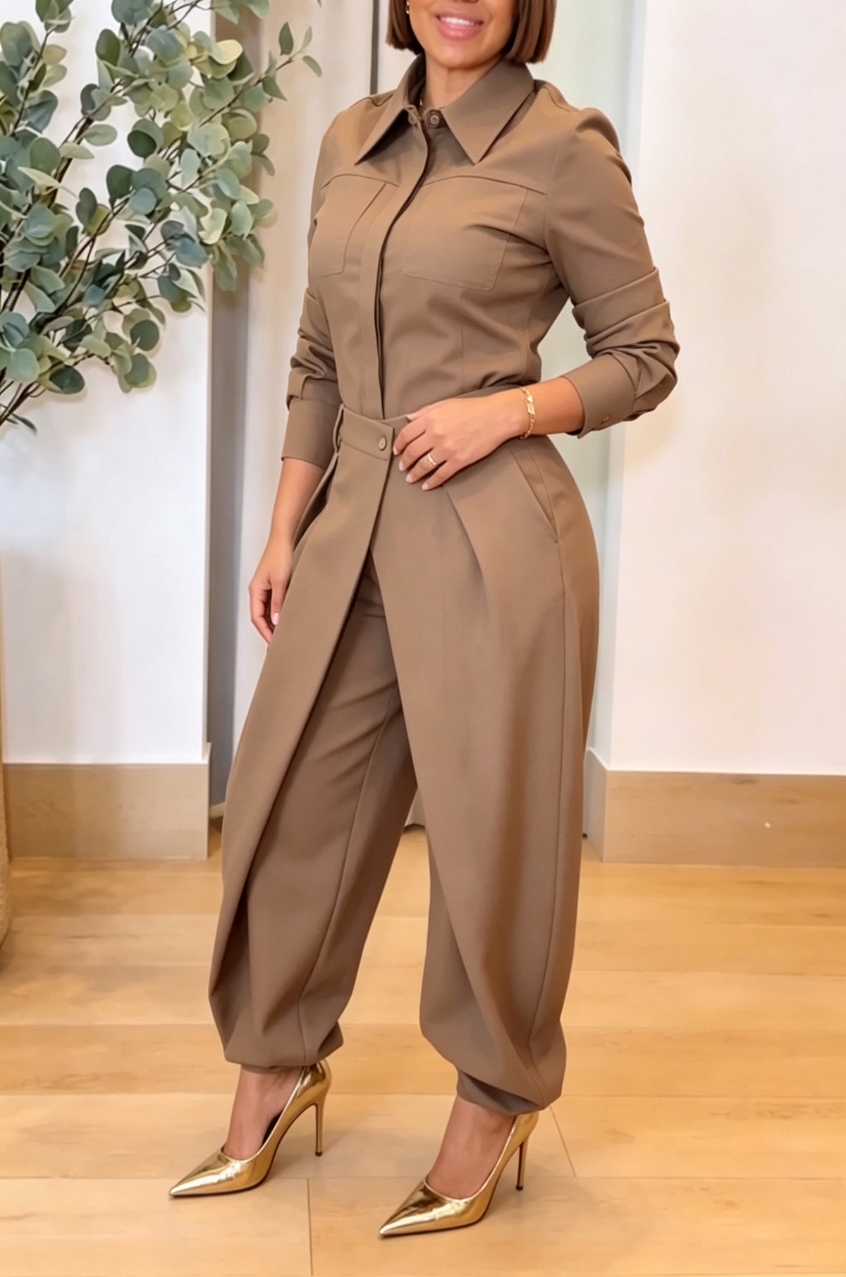 Women's Fashion Commuter Shirt Overlap Elastic Cuff Pants Two-Piece Set