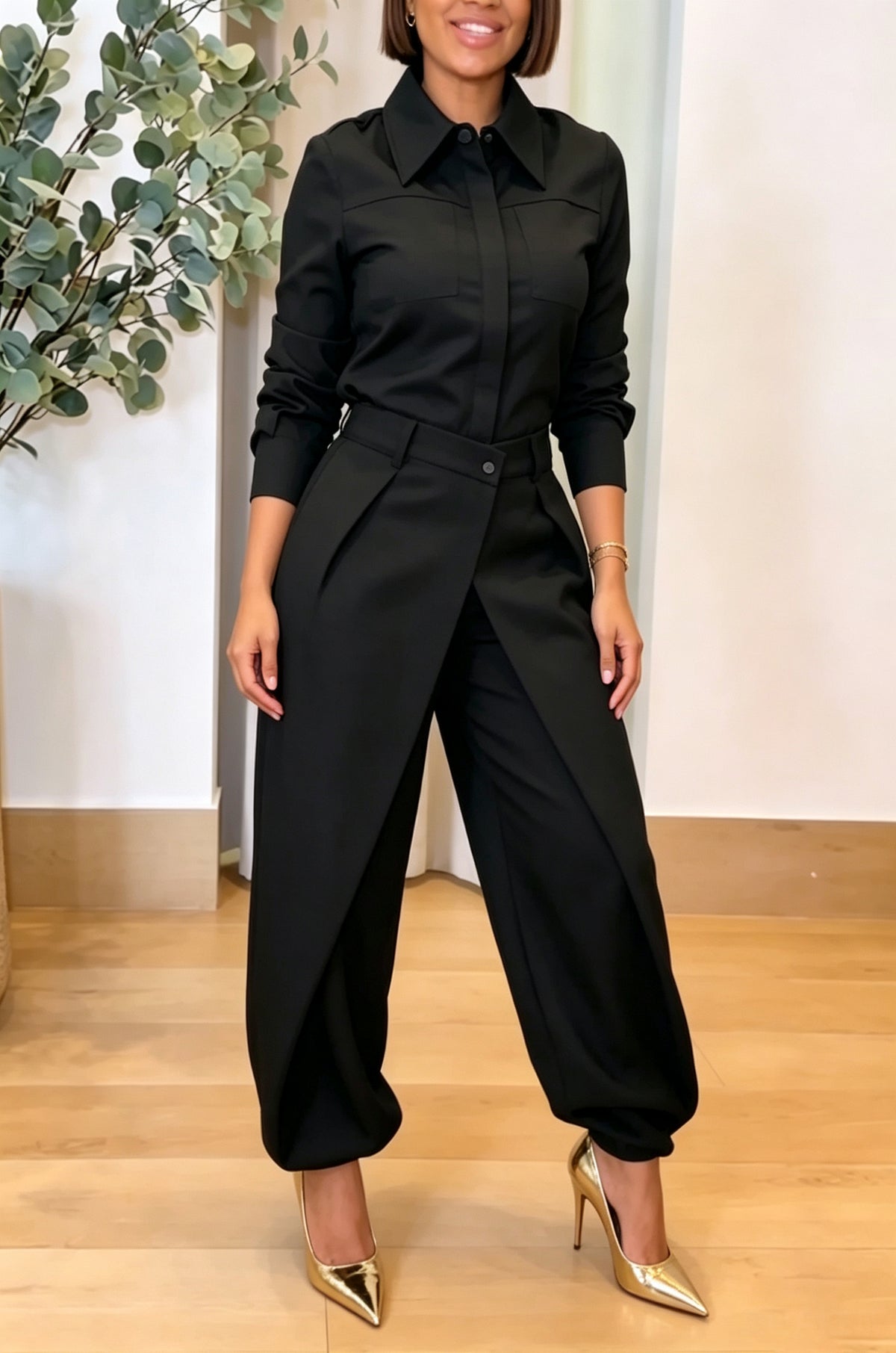 Women's Fashion Commuter Shirt Overlap Elastic Cuff Pants Two-Piece Set