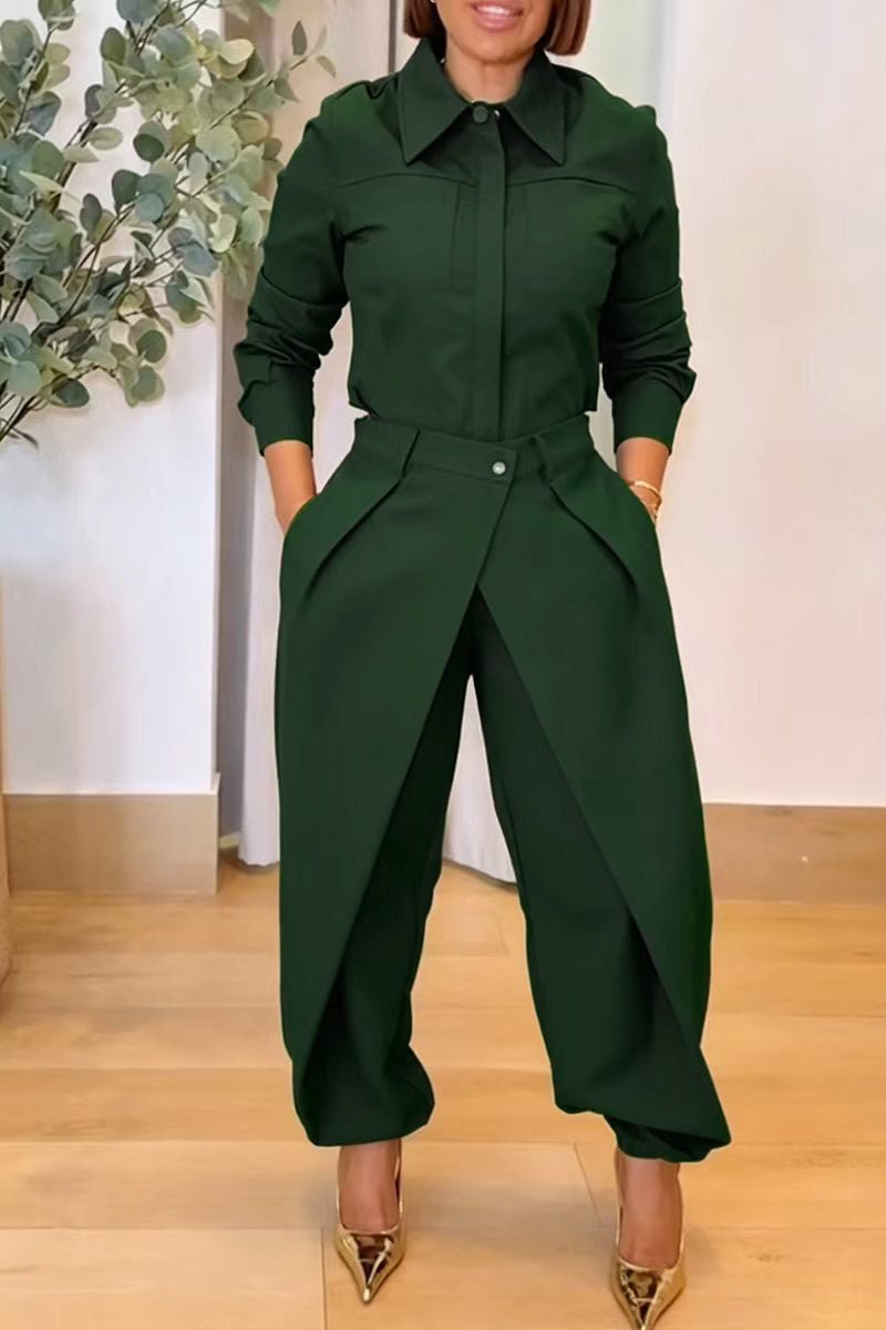 Women's Fashion Commuter Shirt Overlap Elastic Cuff Pants Two-Piece Set