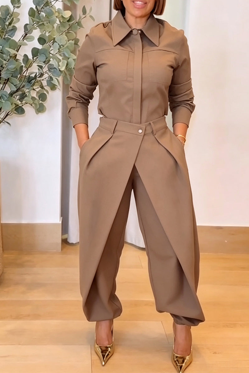 Women's Fashion Commuter Shirt Overlap Elastic Cuff Pants Two-Piece Set