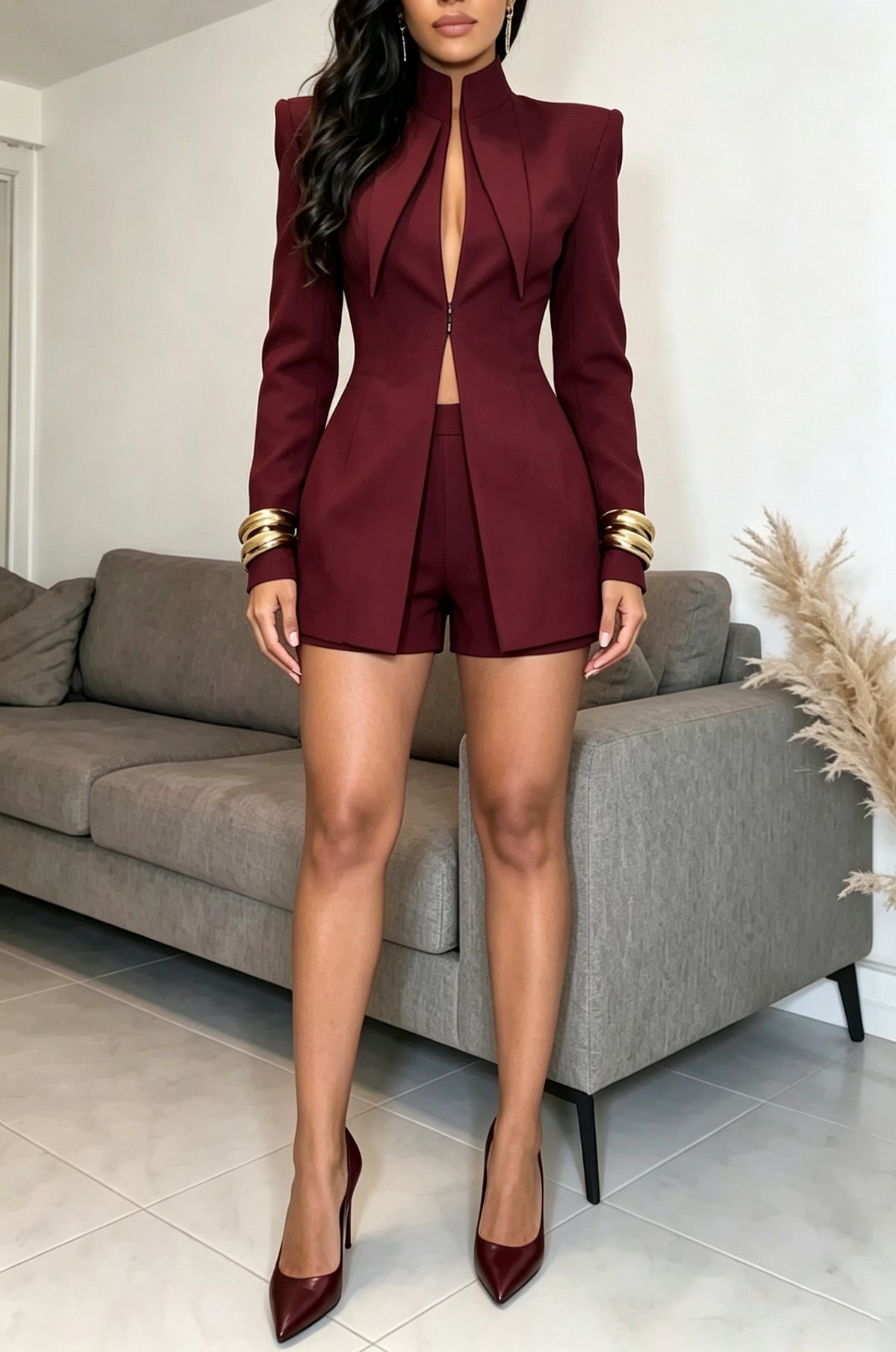 Women's Elegant Fashion Wide Shoulder Blazer Shorts Two-Piece Set