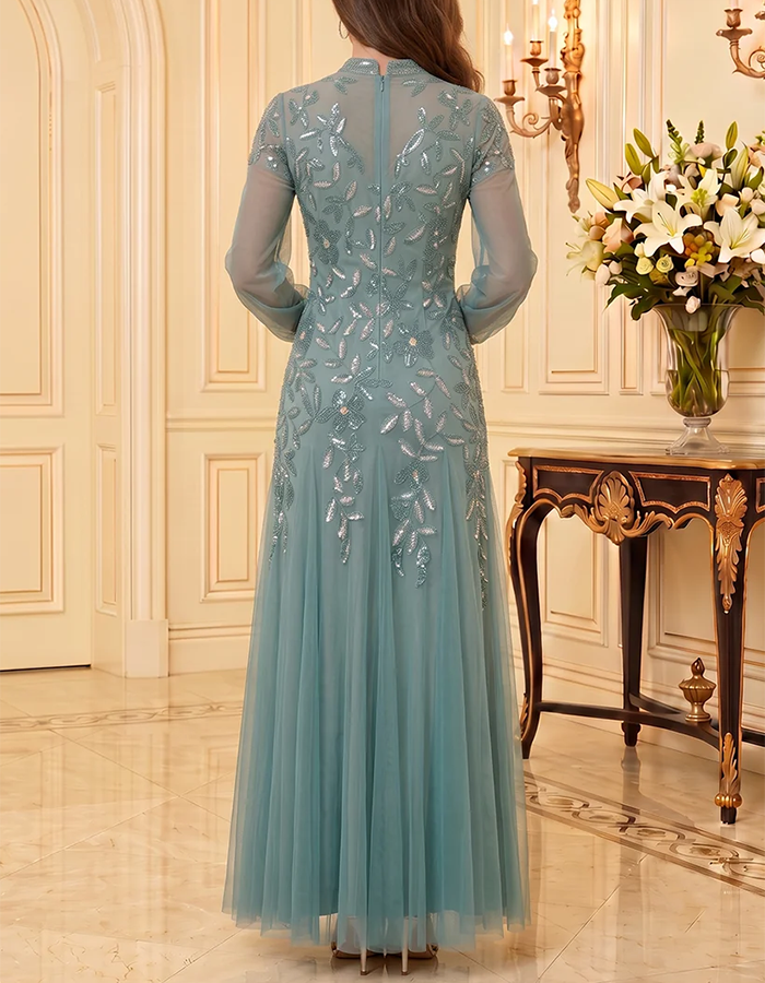 Teal Stand‑Collar V‑Neck Long‑Balloon‑Sleeve Floral‑Sequin‑Appliqué Tulle A‑Line Maxi Dress