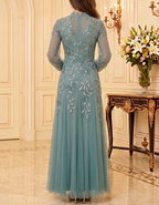Teal Stand‑Collar V‑Neck Long‑Balloon‑Sleeve Floral‑Sequin‑Appliqué Tulle A‑Line Maxi Dress