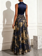 High‑Neck Sleeveless Satin‑Bodice Gold‑Floral‑Print Chiffon A‑Line Maxi Dress