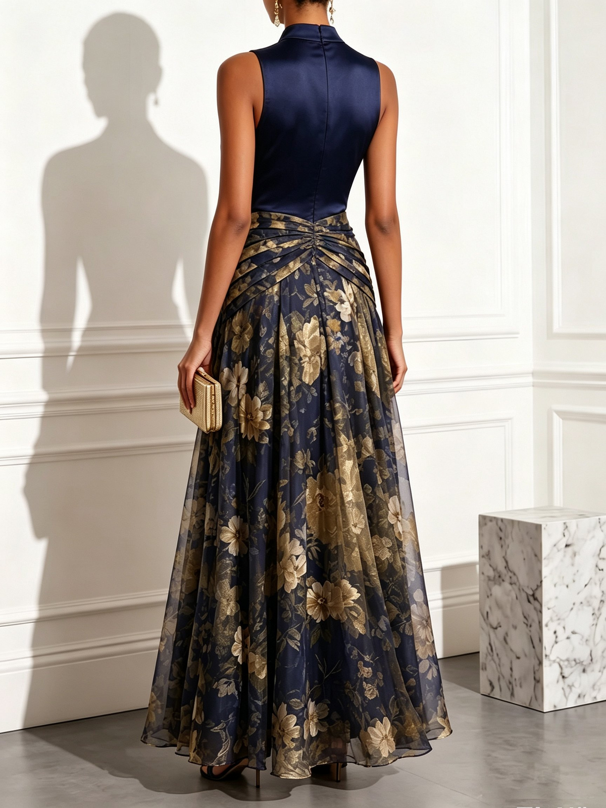 High‑Neck Sleeveless Satin‑Bodice Gold‑Floral‑Print Chiffon A‑Line Maxi Dress