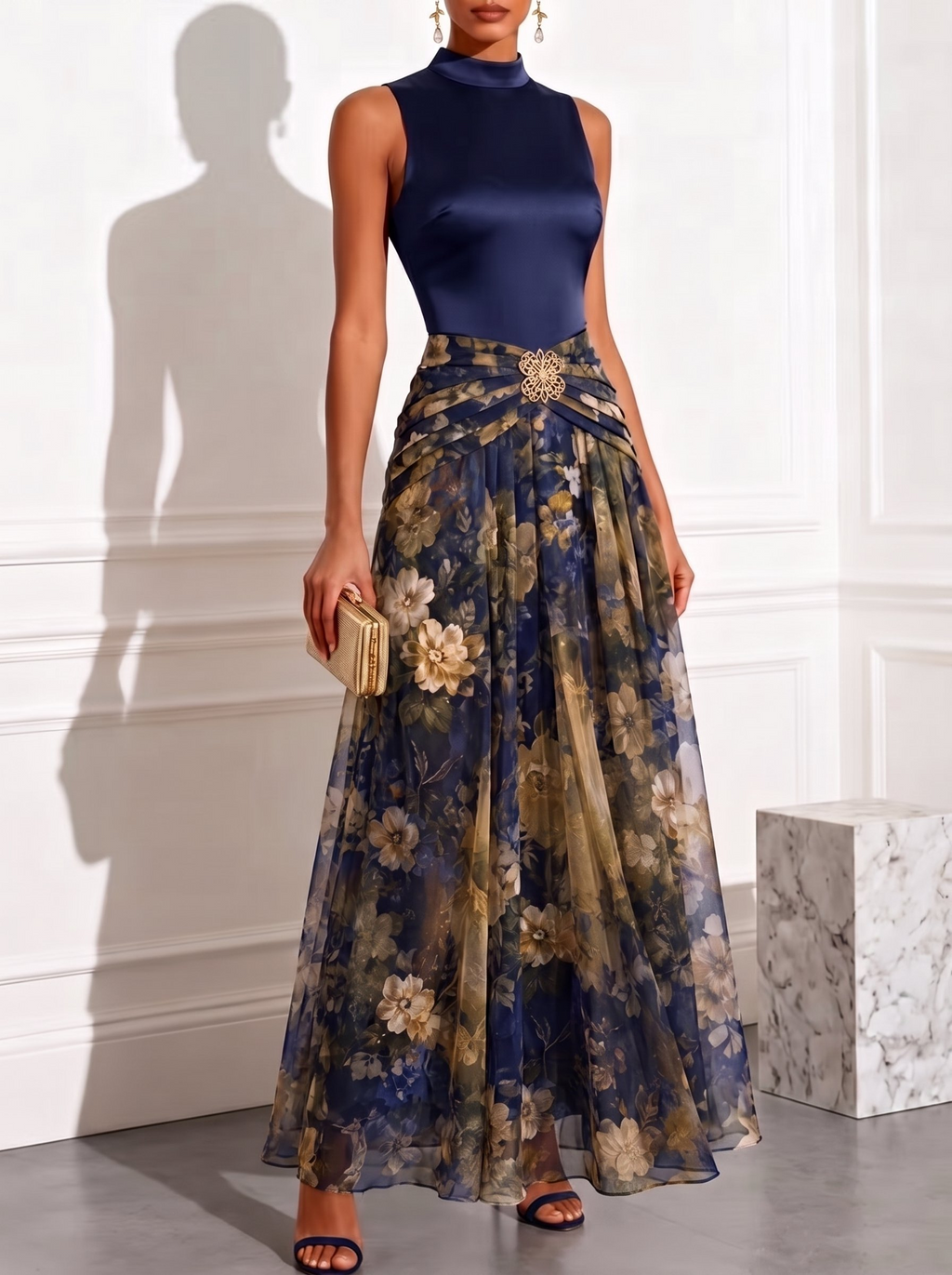 High‑Neck Sleeveless Satin‑Bodice Gold‑Floral‑Print Chiffon A‑Line Maxi Dress