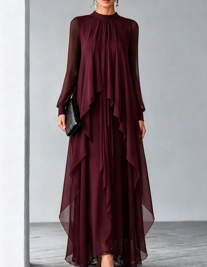 High Neck Long Sleeve Chiffon Maxi Dress