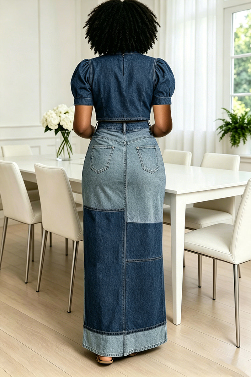 Women's Fashion Denim Top & Patchwork Design Skirt