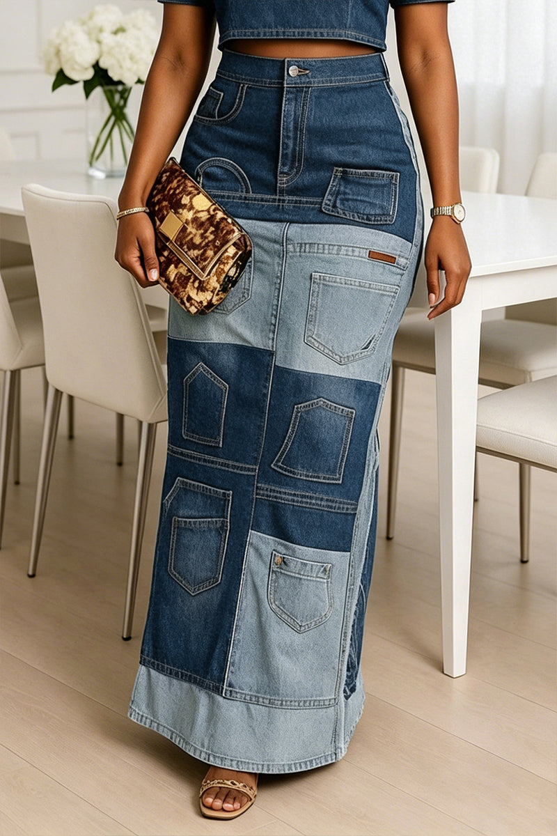 Women's Fashion Denim Top & Patchwork Design Skirt