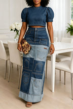 Women's Fashion Denim Top & Patchwork Design Skirt