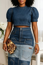 Women's Fashion Denim Top & Patchwork Design Skirt