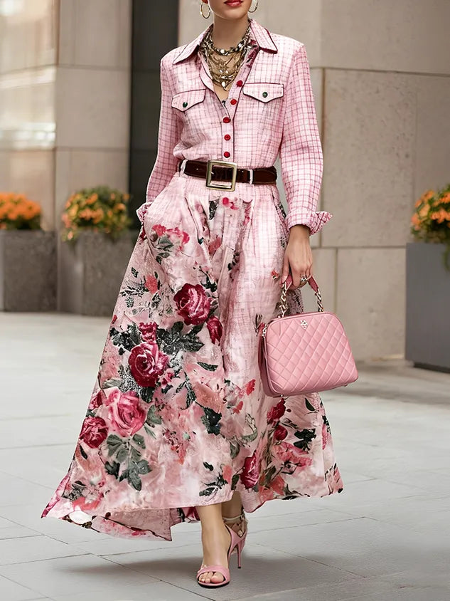 Elegant 3D Printing Shirt Collar Maxi Dress No Belt