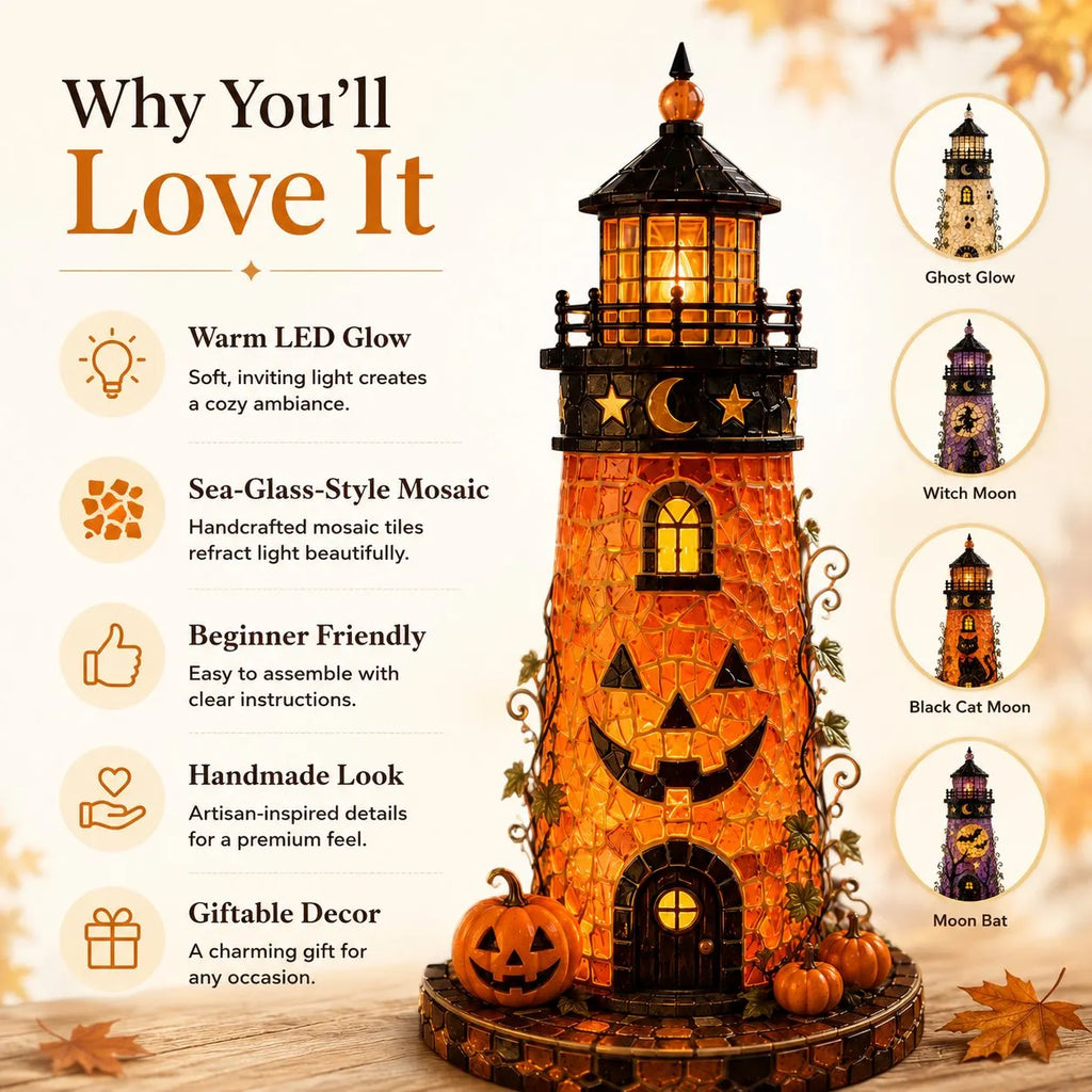 🎃 Beginner-Friendly Lighted Halloween Lighthouse DIY Kit – Sea Glass-Style Mosaic Collection