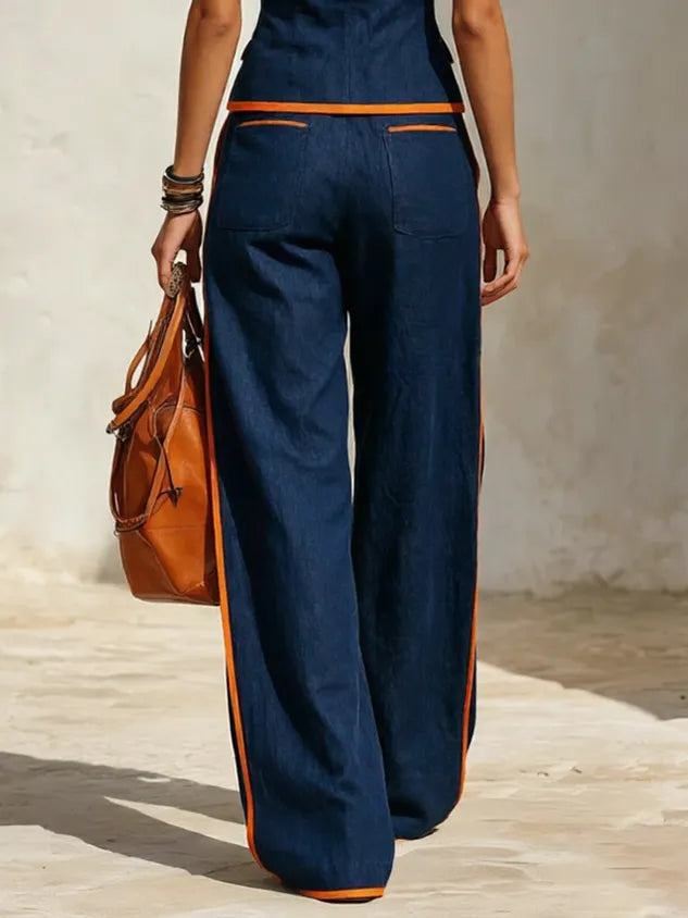 Casual Color Block Loose Fit Wide Leg Pants