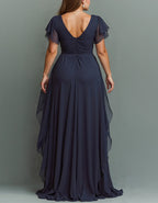 Solid Color V-neck Ruffled Chiffon Maxi Dress