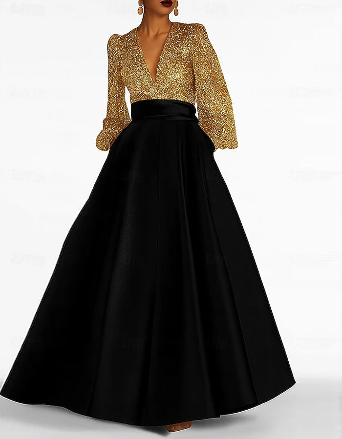 Sequined A-line Long Sleeved V-neck Maxi Dress