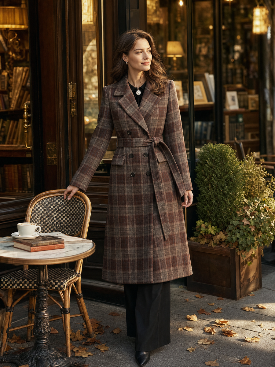 Plaid Double-Breasted Belted Wool-Blend Longline Coat