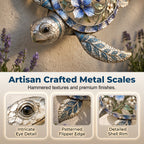 🐢 Sea Turtle Wall Sculpture — Enameled Floral Coastal Art with Textured Metal Scales