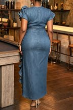 Women's Elegant Party Flounce Trim Denim Dress