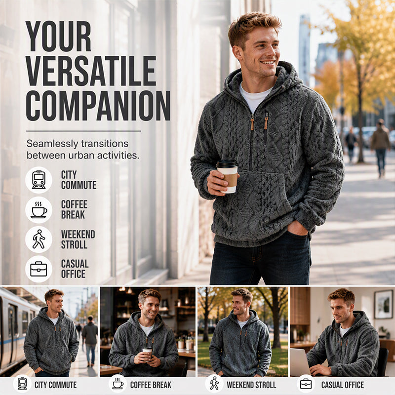 ⏳LAST DAY SALE ONLY ￡23.99!!🔥Men's Textured Sherpa Half-Zip Hooded Jacket