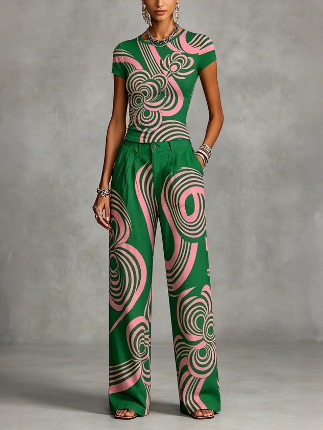 Casual Geometric Floral Straight Pants