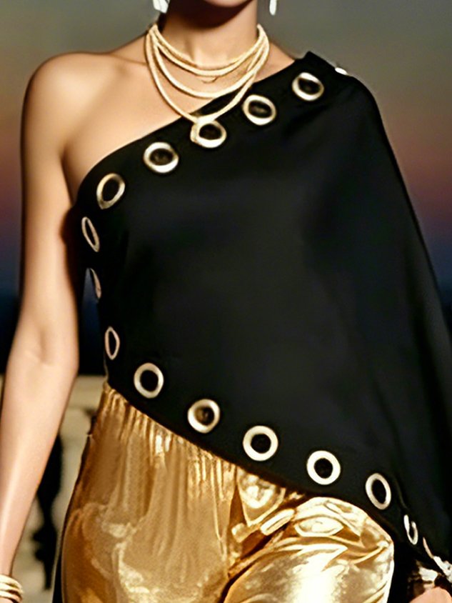 Cotton Elegant Plain Hollow Out One Shoulder Blouse