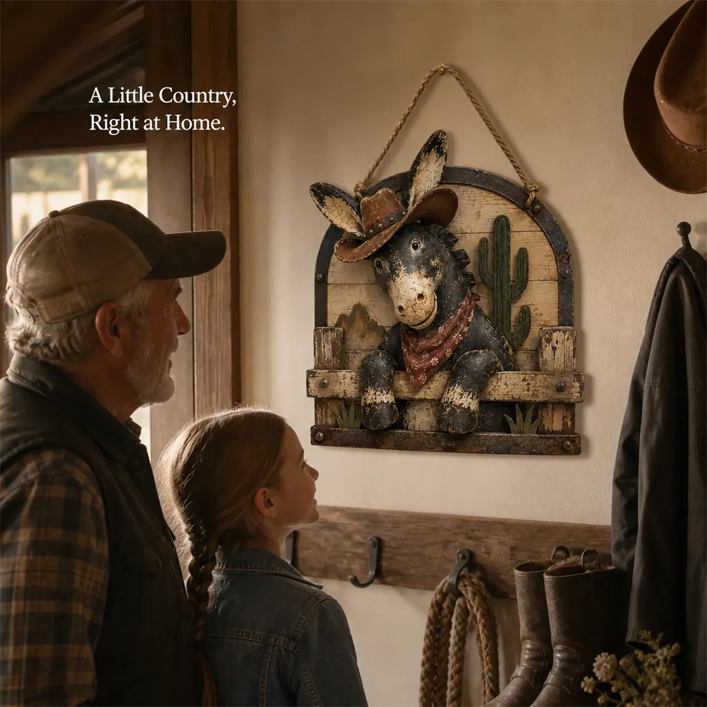 🌵 Rustic Cowboy Donkey Wall Hanging – Western Farmhouse Décor & Country Keepsake