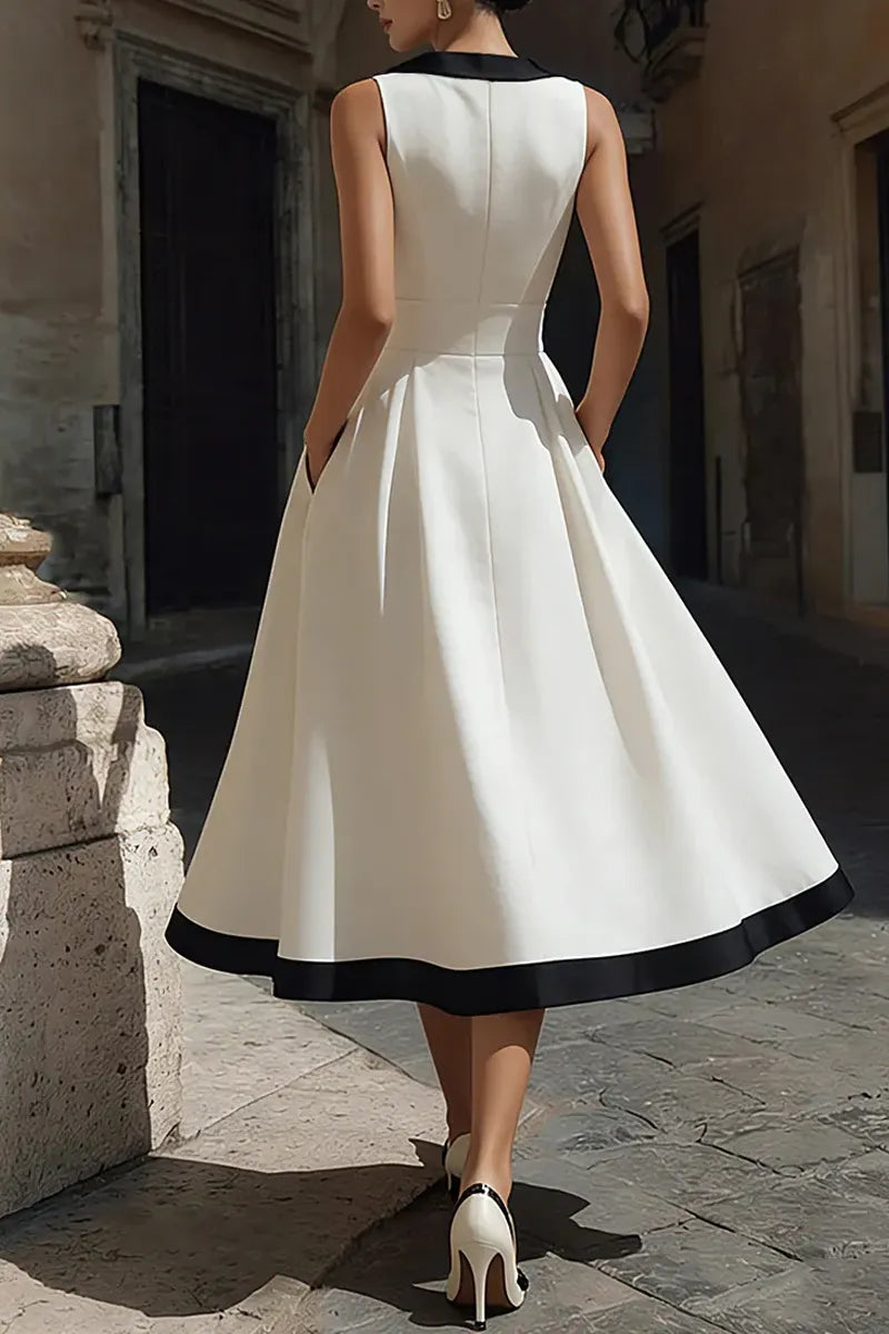 Ladies' Elegant Contrasting V-Neck Mid Length Dress
