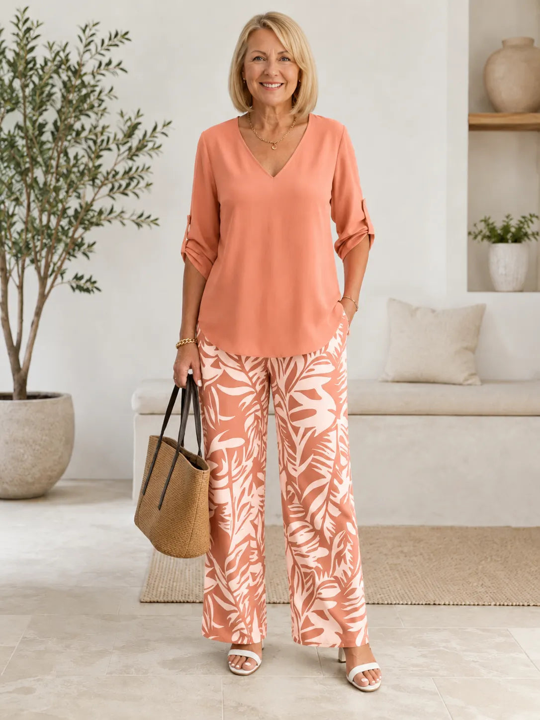 V Neck Top & Tropical Leaf Print Wide Leg Pant Two Piece