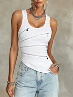Casual Plain Zipper Crew Neck Tank Top