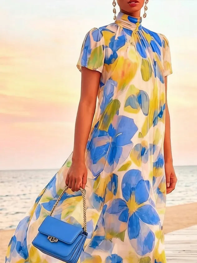 Vacation Floral Printing Mock Neck Maxi Dress