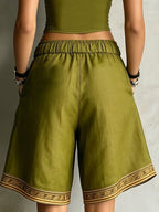 High-Waist Ethnic Print Cotton-Linen Casual Shorts