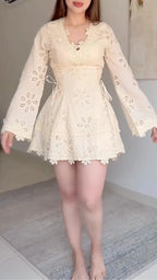 Cream Lace Eyelet Mini Dress