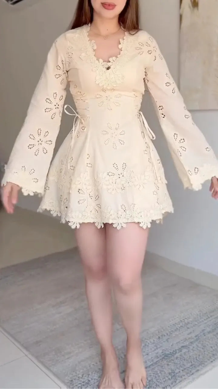 Cream Lace Eyelet Mini Dress
