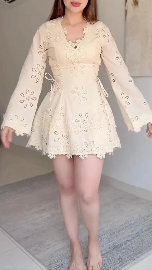 Cream Lace Eyelet Mini Dress