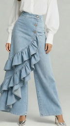 Asymmetrical Ruffle Denim Wide Leg Pants