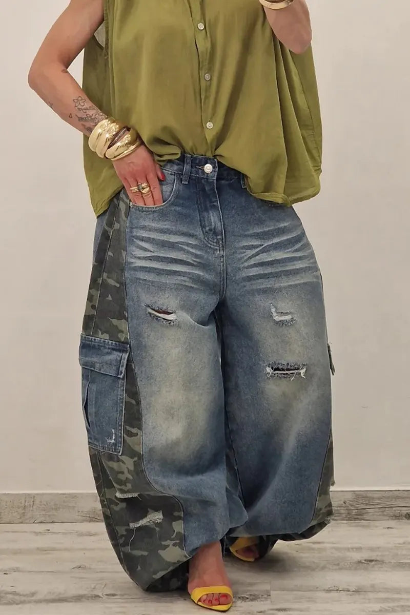 Women Patchwork Camouflage Ripped Hole Washed Casual Wide Leg Jeans