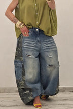 Women Patchwork Camouflage Ripped Hole Washed Casual Wide Leg Jeans