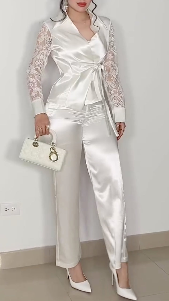 Satin Lace Sleeve Wrap Top & Straight Leg Pants Co‐Ord Set