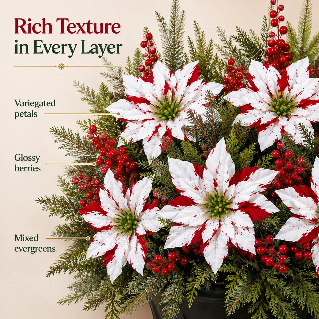 🎄Christmas Poinsettia Planter Inserts – Set of 6 Red & White Holiday Floral Picks