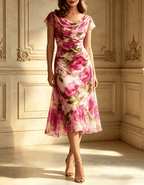 Rose Pink Chiffon Floral Print Cowl-Neck Fishtail Midi Dress