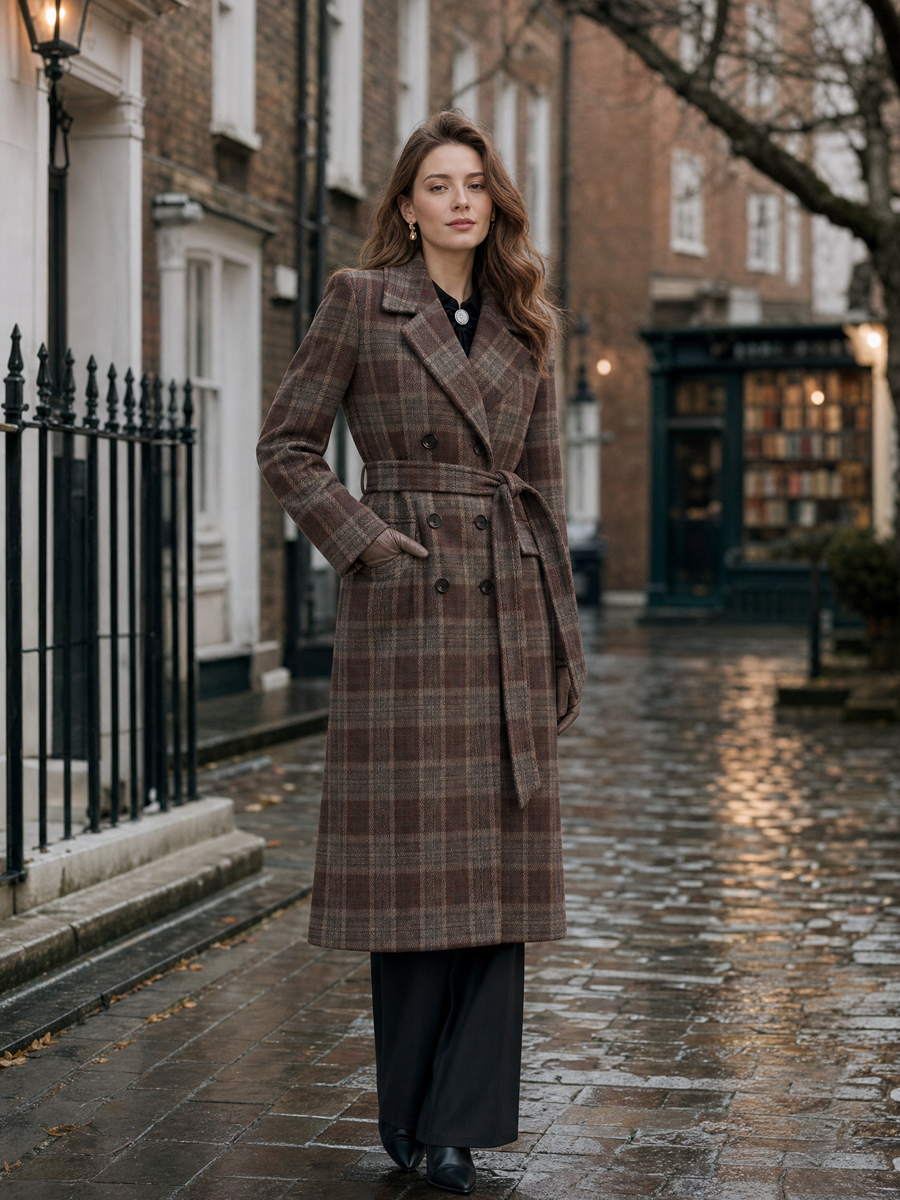 Plaid Double-Breasted Belted Wool-Blend Longline Coat