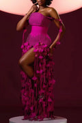 Women's Magenta Rhinestone Beaded Corset Fringe Tassel Layered Floral Club Formal Mini Dress