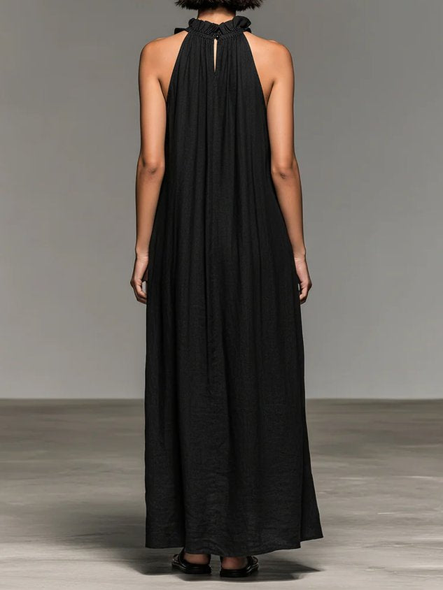 Cotton Casual Plain Peplum Halter Neck Maxi Dress