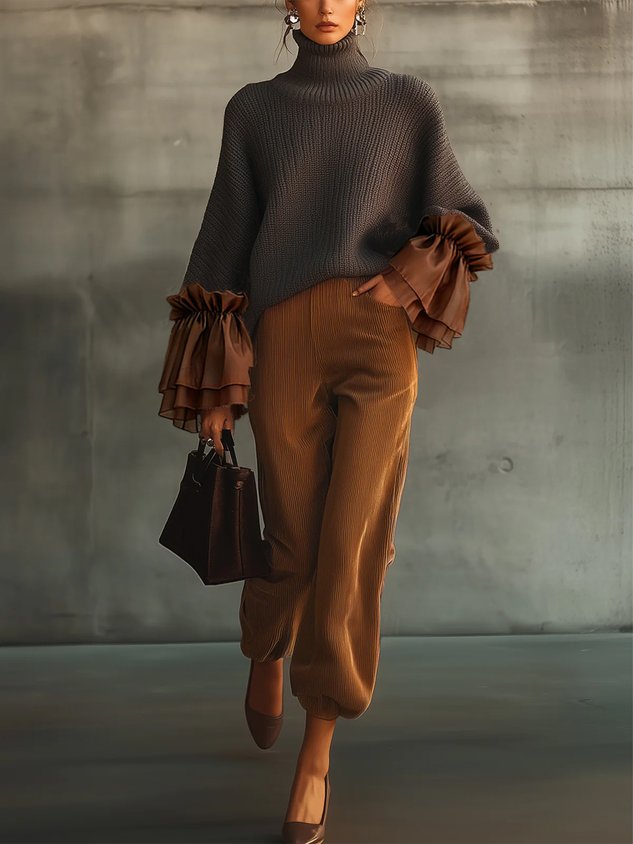 Casual Color Block Turtleneck Sweater with Sheer Ruffle Cuffs