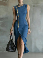 Denim Casual Plain Buttoned Midi Dress