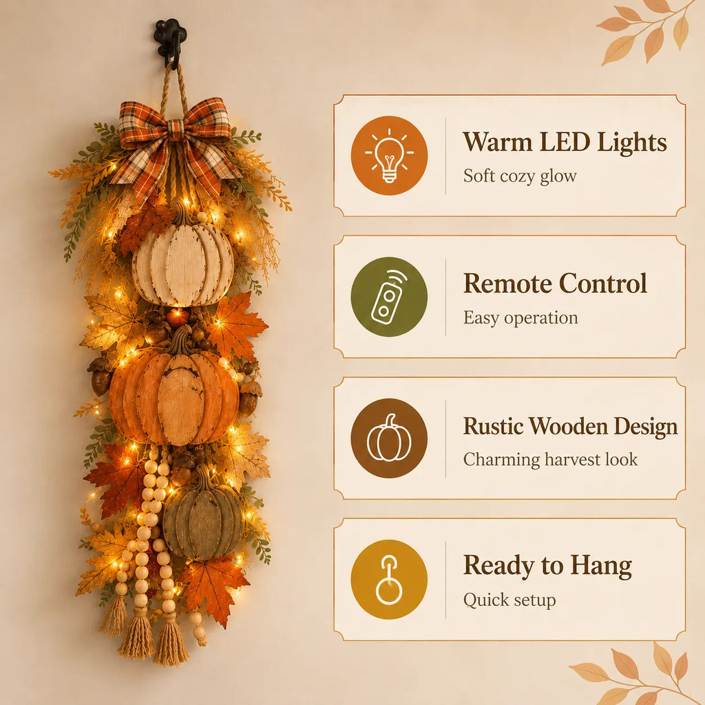 Lighted Harvest Fall Door Decor with Warm LED Lights