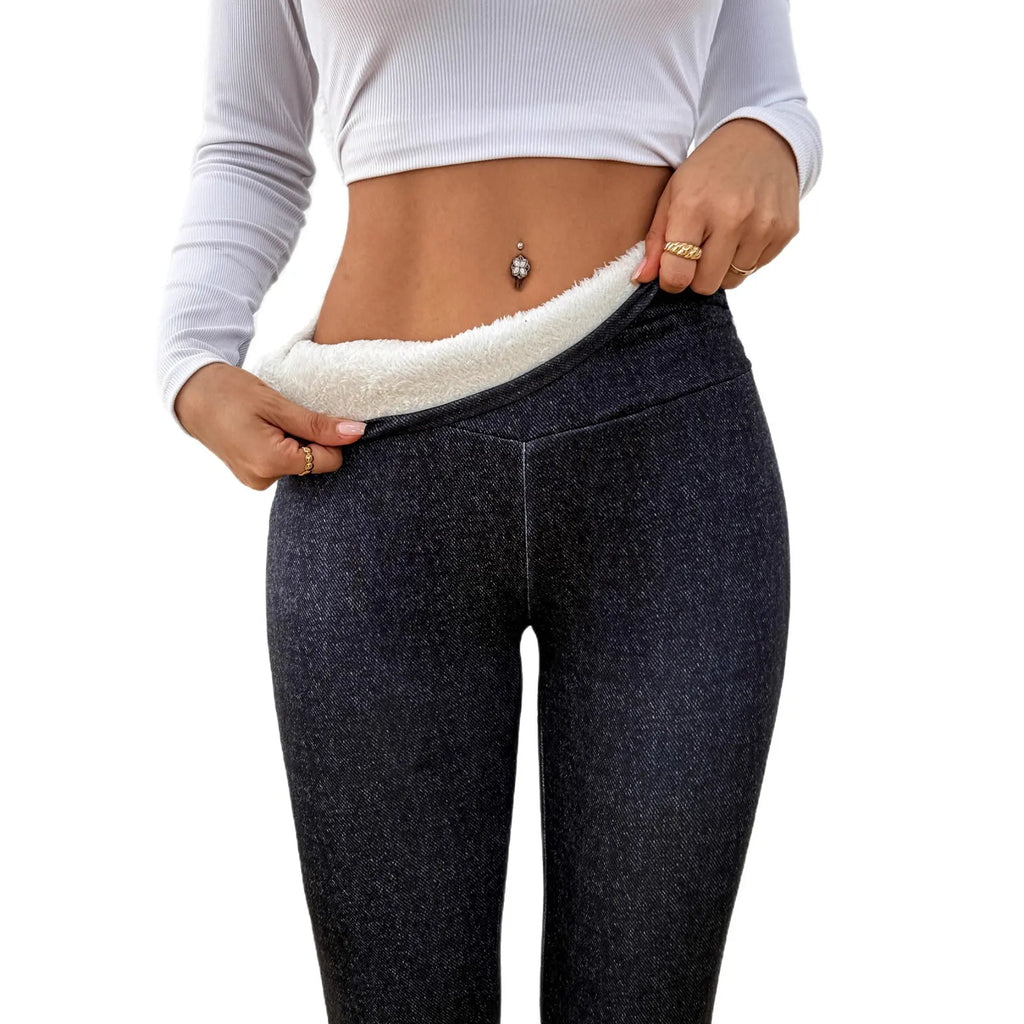 Women's Denim Fleece-lined Thermal Leggings, High-waisted, Pleated Waistband, Slim Fit, Suitable For Wearing As Outerwea